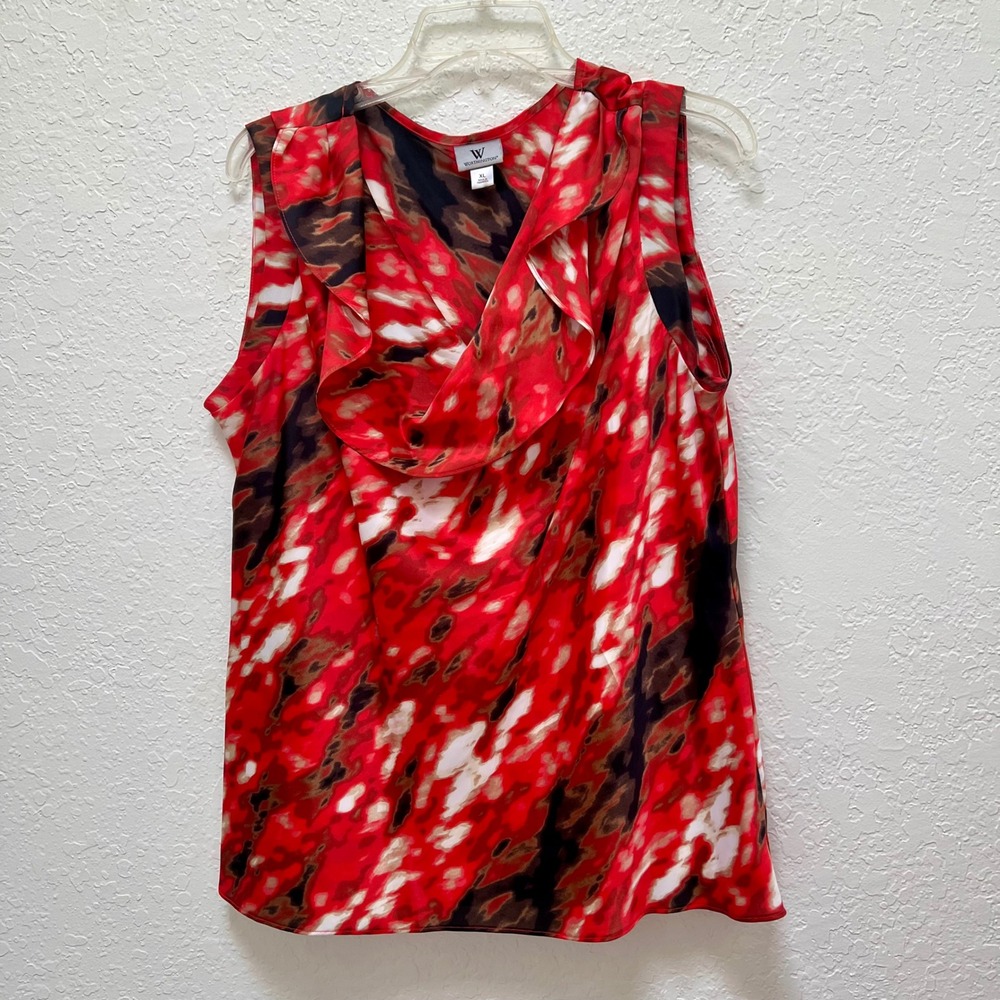 Worthington Womens XL Red Abstract Print Ruffle Cowl Neck Sleeveless Blouse Top